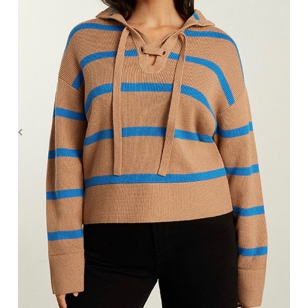 Everlane Lace Up Wool Cotton‎ Sweater Brown Blue Stripe Small Mock Neck